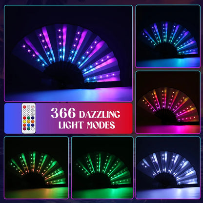 Glow LED Folding Hand Fan RGB 366 Light Modes Handheld Fan