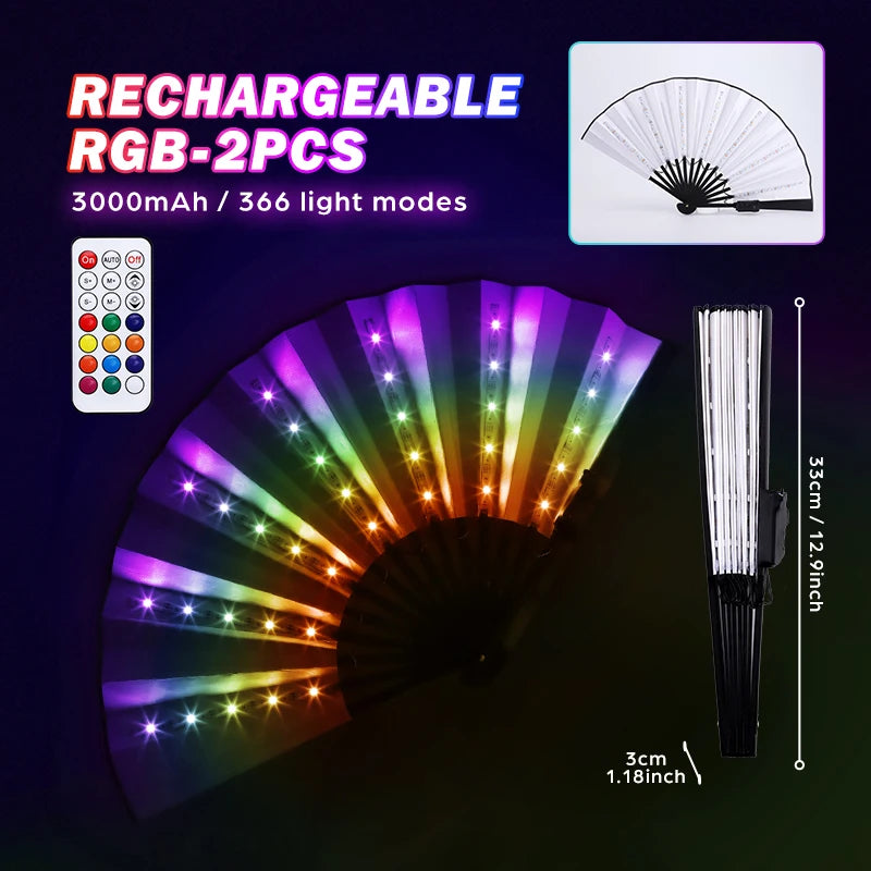 Glow LED Folding Hand Fan RGB 366 Light Modes Handheld Fan