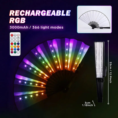 Glow LED Folding Hand Fan RGB 366 Light Modes Handheld Fan