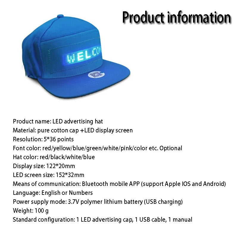 LED Customizable Hat with Bluetooth Control and Mobile App.