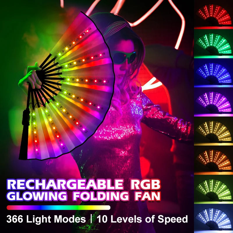 Glow LED Folding Hand Fan RGB 366 Light Modes Handheld Fan