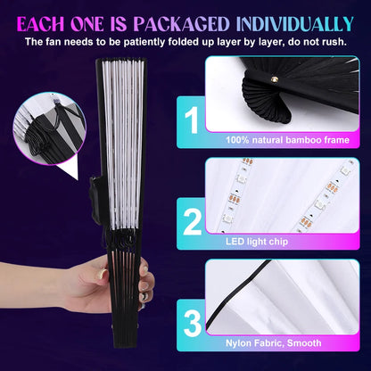 Glow LED Folding Hand Fan RGB 366 Light Modes Handheld Fan